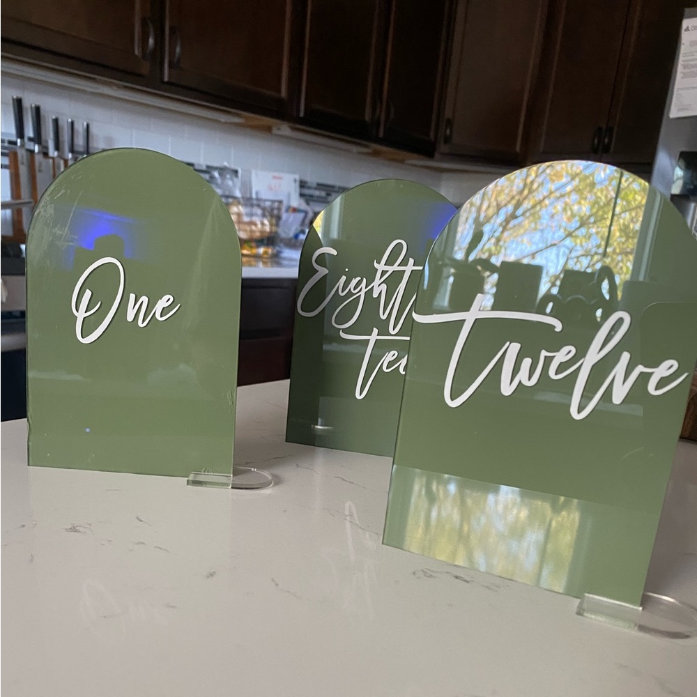 Elegant Olive Green Acrylic Table Number Signs - Script Font